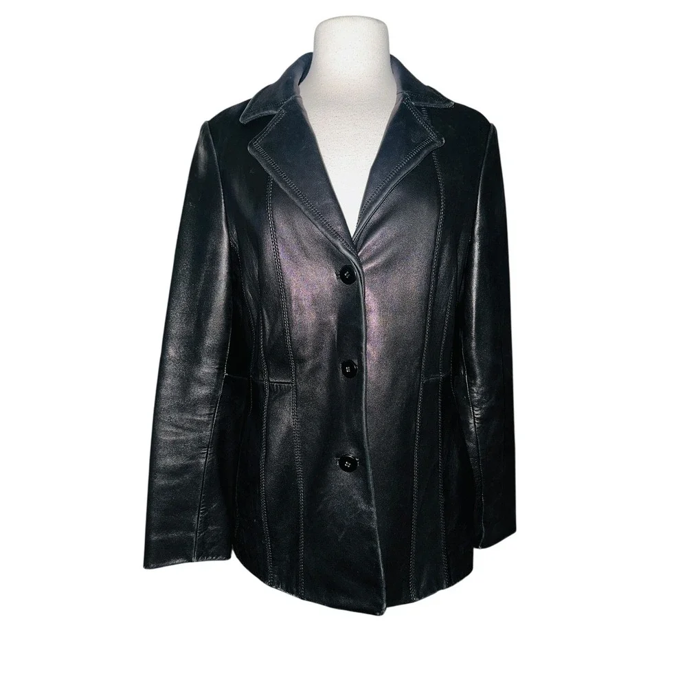 Avanti New York Black Leather Blazer Jacket Whipstitch 3 Button Womens M A6